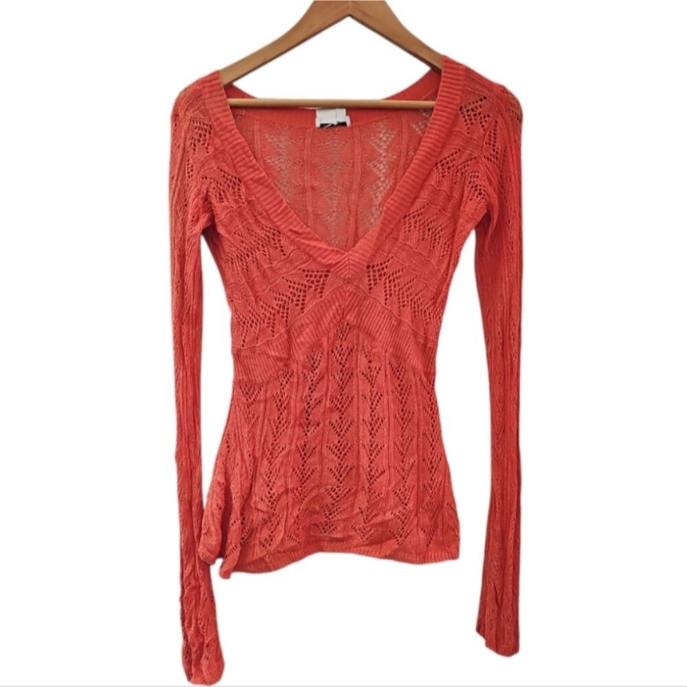 Cache 100% Silk Open Knit Sweater Y2K Boho Coral Lightweight Sz L Top  Romantic